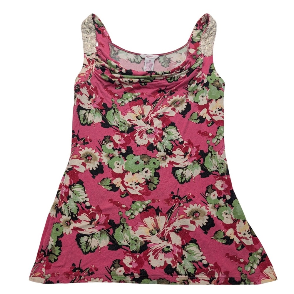 Y2K Candies Tank Top Womens Medium Pink Floral Cowl Neck Crochet Lace Sleeveless